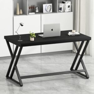 Modern Black Computer Desk with Metal Wood Design, Ideal for Home Office, Study and Gaming