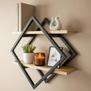 Geometric Diamond Wall Shelf, Metal and Wood Floating Shelves