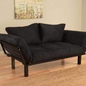 Spacely Bright Day Twin Size Bed Futon Black Metal Frame with Black Suede Mattress and Pillows